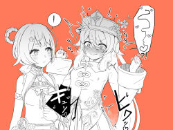 Rule 34 | !, 2girls, armband, bare shoulders, belt, blush, bow, bow-shaped hair, braid, breasts, breath, china dress, chinese clothes, closed mouth, constricted pupils, dress, embarrassed, female focus, female orgasm, fingerless gloves, flower, genshin impact, gloves, greyscale with colored background, hair between eyes, hair ornament, hair ribbon, hairclip, hand up, hands up, hat, hat flower, heart, hu tao (genshin impact), japanese text, jewelry, long hair, long sleeves, looking at another, looking to the side, lucifina 006, multiple girls, nervous, nervous smile, nose blush, orange background, orgasm, porkpie hat, ribbon, ring, short hair, sidelocks, simple background, sleeveless, sleeveless dress, small breasts, smile, speech bubble, spoken exclamation mark, spoken heart, spoken squiggle, squiggle, standing, steam, steaming body, surprised, sweat, tassel, tears, translation request, trembling, twintails, upper body, v-shaped eyebrows, wavy mouth, wide-eyed, xiangling (genshin impact)