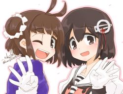 Rule 34 | 2girls, :d, ;d, antenna hair, black hair, black neckerchief, blush, brown eyes, brown hair, cosplay, costume switch, eyebrows, gloves, haguro (kancolle), haguro (kancolle) (cosplay), hair between eyes, hair bun, hair ornament, kantai collection, looking at viewer, multiple girls, naka (kancolle), naka (kancolle) (cosplay), neckerchief, one eye closed, open mouth, outline, pink outline, red ribbon, ribbon, rikuo (whace), sailor collar, school uniform, scrunchie, serafuku, short hair, signature, simple background, single hair bun, smile, tareme, teeth, twitter username, upper body, white background, white gloves, white sailor collar, white scrunchie