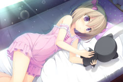 Rule 34 | 1girl, bad id, bad nicoseiga id, bare shoulders, bed sheet, bow, brown hair, commentary request, dress, hair between eyes, hair bow, highres, indoors, lying, on side, original, pillow, pink dress, purple eyes, shinigami (tukiyomiikuto), stuffed toy