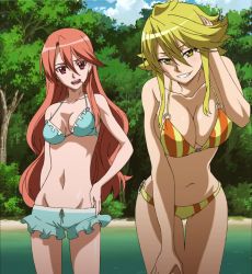 Rule 34 | 10s, 2girls, :d, akame ga kill!, bikini, blonde hair, breasts, breasts squeezed together, brown hair, candy, chelsea (akame ga kill!), cleavage, food, highres, large breasts, leone (akame ga kill!), lollipop, long hair, looking at viewer, mouth hold, multiple girls, o-ring, o-ring bikini, o-ring bottom, o-ring top, open mouth, red eyes, screencap, small breasts, smile, square enix, standing, stitched, striped bikini, striped clothes, swimsuit, thighs, third-party edit, vertical-striped bikini, vertical-striped clothes, yellow eyes