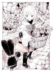 Rule 34 | 1girl, apple, basket, black footwear, boots, border, commentary, creature, dated, final fantasy, final fantasy xiv, food, from side, fruit, full body, hatching, highres, holding, holding basket, holding food, holding fruit, itowo (itowc), lalafell, market stall, monochrome, outdoors, outside border, pear, pointy ears, robe, sepia, short hair, side ponytail, signature, smile, solo, spriggan (final fantasy), standing, swept bangs, thigh boots, vegetable, warrior of light (ff14), white border, wide sleeves