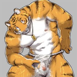 Rule 34 | 1boy, abs, animal ears, bara, bulge, commission, feet out of frame, fundoshi, furry, furry male, japanese clothes, large pectorals, leaning to the side, looking to the side, male focus, male underwear, male underwear pull, muscular, muscular male, navel, nipples, original, pectorals, pulled by self, redmoons, see-through, skeb commission, solo, stomach, sweat, thick thighs, thighs, tiger boy, tiger ears, topless male, underwear, underwear only, wet, wet clothes, wet male underwear, white male underwear