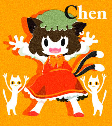 Rule 34 | 1girl, :3, animal ears, bow, cat, cat ears, cat tail, character name, chen, earrings, fang, female focus, full body, hat, jewelry, karaagetarou, multiple tails, ribbon, solo, tail, touhou