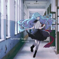 Rule 34 | 1girl, album cover, black footwear, black sailor collar, black skirt, black socks, blue eyes, blue hair, closed mouth, commentary request, cover, door, from behind, full body, hallway, highres, holding, holding ribbon, indie virtual youtuber, indoors, jumping, long hair, looking at viewer, looking back, mimelond, official art, photo background, plaid, plaid skirt, pleated skirt, ribbon, sailor collar, school uniform, second-party source, serafuku, shirt, shoes, short sleeves, skirt, socks, solo, somunia, untied ribbon, very long hair, virtual youtuber, white shirt, window