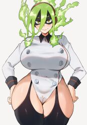 Rule 34 | 1girl, boku no hero academia, breasts, burnin (boku no hero academia), cameltoe, cleft of venus, curvy, fire, garter straps, green hair, hands on own hips, huge breasts, mask, plump, solo, thighhighs, wide hips