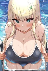 Rule 34 | 1girl, :o, absurdres, ah68j3, aqua eyes, blonde hair, blue one-piece swimsuit, blush, breasts, cleavage, competition swimsuit, hair ornament, hairclip, highres, large breasts, long hair, looking at viewer, looking up, one-piece swimsuit, pool ladder, poolside, senran kagura, solo, swimsuit, water, wet, yomi (senran kagura)