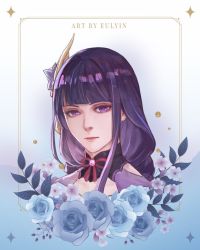 Rule 34 | 1girl, artist name, blue background, blue flower, braid, closed mouth, commentary, english commentary, english text, eulyin huan, flower, genshin impact, gradient background, hair flower, hair ornament, long hair, looking at viewer, mole, mole under eye, purple eyes, purple flower, purple hair, raiden shogun, ribbon, simple background, solo, white background