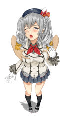 Rule 34 | 10s, 1girl, black socks, breasts, character name, densuke (iha-syuon), epaulettes, from above, full body, gloves, grabbing, grabbing another&#039;s breast, grabbing from behind, grey eyes, grey hair, highres, kantai collection, kashima (kancolle), kerchief, kneehighs, large breasts, military, military uniform, miniskirt, open mouth, pleated skirt, skirt, socks, solo focus, standing, twintails, uniform, wavy hair, white gloves, wince