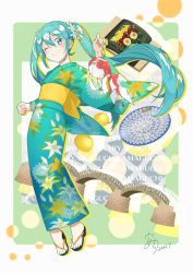 Rule 34 | 1girl, :&gt;, agonasubi, aqua nails, black footwear, blush, border, bridge, bright pupils, commentary request, fish, floral print, flower, food, fruit, green background, green kimono, hair between eyes, hair flower, hair ornament, hand up, hatsune miku, highres, holding, japanese clothes, kimono, lily (flower), long hair, long sleeves, looking at viewer, mandarin orange, nail polish, obi, one eye closed, patterned background, puffer fish, sandals, sash, sidelocks, signature, smile, solo, sushi, sushi geta, tabi, twintails, very long hair, vocaloid, white flower, white pupils, wide sleeves