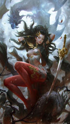 Rule 34 | 1girl, armlet, black hair, blood, bloody weapon, bracer, breasts, commentary, dragon, fantasy, hair ornament, hands in hair, highres, kilart, lips, long hair, medium breasts, nose, original, pantyhose, planted, planted sword, planted weapon, red eyes, red pantyhose, resolution mismatch, revealing clothes, revision, solo focus, source larger, sword, very long hair, weapon, wind, wind lift