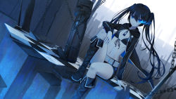 Rule 34 | 1girl, arm rest, arm support, belt, bikini, bikini top only, black footwear, black hair, black hoodie, black rock shooter, black rock shooter (character), black shorts, blue eyes, blurry, blurry foreground, boots, chain, checkered floor, closed mouth, commentary request, depth of field, dutch angle, expressionless, fingernails, flaming eye, flat chest, floating hair, front-tie bikini top, front-tie top, hair between eyes, highres, hood, hood down, hoodie, ji dao ji, knee boots, knee up, light particles, long hair, long sleeves, looking away, navel, open clothes, open hoodie, pale skin, railing, scar, shorts, sitting, solo, star (symbol), stomach, string bikini, swimsuit, twintails, very long hair, white belt, wind, zipper pull tab