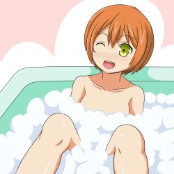 Rule 34 | 10s, 1girl, bath, bathroom, bathtub, blush, highres, hoshizora rin, indoors, looking at viewer, love live!, love live! school idol project, lunarisaileron, nude, open mouth, orange hair, partially submerged, short hair, sitting, smile, soap, solo, water, yellow eyes
