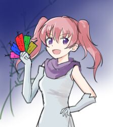 Rule 34 | 1girl, absurdres, arm up, bare shoulders, facing viewer, fire emblem, fire emblem: the blazing blade, hair between eyes, hand on own hip, highres, kwz ini, looking at viewer, nintendo, pink hair, purple eyes, purple scarf, scarf, serra (fire emblem), solo, twintails, upper body