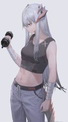 Rule 34 | 1girl, absurdres, arknights, black tank top, closed mouth, commentary, cowboy shot, crop top, dragon horns, dragon tail, dumbbell, exercising, expressionless, grey background, grey pants, hand up, highres, horns, long hair, midriff, navel, orange eyes, pants, saria (arknights), shichi (ratorin53), sidelocks, silver hair, simple background, solo, tail, tank top, weightlifting, wrist wrap