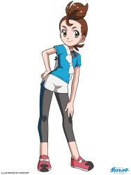 Rule 34 | 1girl, artist name, black pants, blue shirt, brown eyes, brown hair, closed mouth, contrapposto, copyright name, creatures (company), game freak, hand on own hip, hand on own thigh, kriztart, looking at viewer, nintendo, pants, pants under shorts, pink footwear, pokemon, pokemon (anime), pokemon the movie: i choose you!, shirt, short shorts, short sleeves, shorts, simple background, smile, solo, verity (pokemon), white background, white shorts