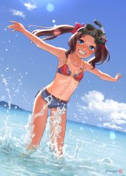 Rule 34 | 1girl, artist logo, bikini, blue eyes, blue shorts, blue sky, breasts, brown hair, cloud, commentary request, day, diving mask, dutch angle, fate/grand order, fate (series), forehead, gluteal fold, goggles, grin, highres, horizon, leonardo da vinci (fate), leonardo da vinci (swimsuit ruler) (fate), long hair, looking at viewer, mismatched bikini, mu-pyon, ocean, outdoors, parted bangs, red bikini, short shorts, shorts, sky, small breasts, smile, snorkel, solo, splashing, swimsuit, tan, tanline, twitter username, wading