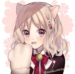 Rule 34 | 10s, 1girl, animal ears, animal hands, bell, blonde hair, blush, bow, bowtie, cat ears, cat paws, curly hair, diabolik lovers, fangs, flat chest, flower, furry, furry female, gloves, hair ornament, hairclip, ichinose (sorario), jacket, komori yui, looking at viewer, open mouth, petite, pink hair, rejet, school uniform, simple background, solo, twitter username, uniform, upper body, white background