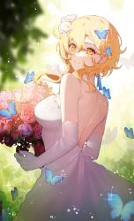 Rule 34 | 1girl, back, bad id, bad pixiv id, bare shoulders, blonde hair, bouquet, breasts, bug, butterfly, dress, elbow gloves, flower, genshin impact, gloves, hair flower, hair ornament, highres, holding, holding bouquet, insect, large breasts, looking at viewer, lumine (genshin impact), medium hair, shotgunman, sidelocks, smile, solo, thighs, wedding dress, white dress, white gloves, yellow eyes