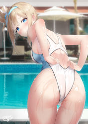 Rule 34 | 1girl, adjusting clothes, adjusting swimsuit, ass, back, blue eyes, blue hairband, blush, breasts, competition swimsuit, girls&#039; frontline, hair between eyes, hair bun, hair ornament, hairband, highleg, highleg swimsuit, highres, large breasts, long hair, looking at viewer, looking back, one-piece swimsuit, shirosaba, side bun, single side bun, snowflake hair ornament, solo, suomi (girls&#039; frontline), swimsuit, thighs, wedgie, white one-piece swimsuit