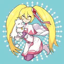 Rule 34 | 1girl, blonde hair, boots, character name, diamond queen, dog, closed eyes, high heels, kaitou joker, l hakase, long hair, looking at viewer, roco (kaitou joker), smile, solo, twintails, yellow eyes
