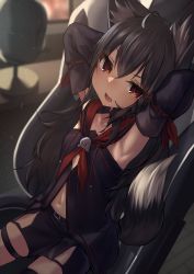 Rule 34 | 1girl, absurdres, aged down, ahoge, animal ears, armpits, arms behind head, black hair, black hoodie, black shorts, black thighhighs, blurry, blurry background, blush, braid, chair, commentary, detached sleeves, fang, fox ears, fox girl, fox tail, gaming chair, hair between eyes, highres, hololive, hood, hoodie, inaba teitoku, indoors, kurokami fubuki, light particles, long hair, looking at viewer, midriff, navel, necktie, open mouth, red eyes, red necktie, short shorts, shorts, sidelocks, single braid, single thighhigh, solo, swivel chair, tail, thigh strap, thighhighs, virtual youtuber