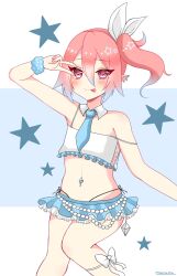 Rule 34 | 1boy, :p, earrings, heart, heart-shaped pupils, highres, idol clothes, jewelry, kaneshiro matoi, looking at viewer, manana (matoi1111), navel, navel piercing, necktie, original, piercing, pink eyes, pink hair, pointy ears, side ponytail, smile, solo, star (symbol), symbol-shaped pupils, tongue, tongue out, trap, v