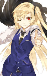 Rule 34 | aiming, aiming at viewer, azur lane, black necktie, blonde hair, blue pants, blue vest, cleveland (azur lane), cleveland (gentry knight) (azur lane), collared shirt, dress shirt, fare, formal, highres, holding, holding clothes, holding jacket, jacket, necktie, official alternate costume, one side up, pant suit, pants, red eyes, shirt, solo, striped necktie, striped neckwear, suit, tomboy, unworn jacket, vertical-striped clothes, vertical-striped necktie, vertical-striped neckwear, vest