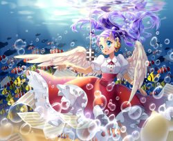 Rule 34 | 1girl, :d, bad id, bad pixiv id, blue eyes, bubble, clownfish, dress, fish, long hair, microphone, musical note, open mouth, original, purple hair, sheet music, short hair, smile, solo, sougishi ego, treble clef, twintails, underwater, white wings, wings