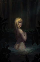 Rule 34 | 1girl, :o, absurdres, artoria pendragon (fate), ass, blonde hair, breasts, fate/stay night, fate (series), forest, highres, looking at viewer, nature, nude, outdoors, partially submerged, saber (fate), solo, tree, w.t, water, wet