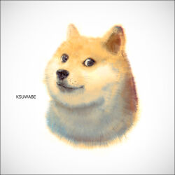 Rule 34 | animal, artist name, closed mouth, dog, doge, freckles, head only, k-suwabe, looking at viewer, meme, no humans, original, simple background, smile, solo, whiskers, white background