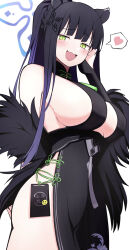 Rule 34 | 1girl, :d, animal ears, black dress, black hair, blue archive, blue halo, blush, breasts, bridal gauntlets, center opening, chinese clothes, dress, feather boa, green eyes, halo, heart, highres, large breasts, long hair, looking at viewer, open mouth, pelvic curtain, shun (blue archive), simple background, smile, solo, spoken heart, tiger ears, white background, yun (kbdenz9)