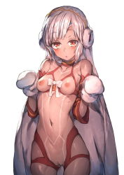 Rule 34 | 1girl, altera (fate), altera the santa (fate), bare shoulders, blush, breasts, breasts out, cleft of venus, closed eyes, commentary request, dark-skinned female, dark skin, detached sleeves, earmuffs, fate/grand order, fate (series), full-body tattoo, gloves, gluteal fold, halterneck, legs apart, looking at viewer, navel, nipples, open mouth, pussy, red eyes, redcomet, revealing clothes, short hair, simple background, small breasts, solo, standing, tattoo, veil, white background, white gloves, white hair