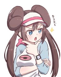Rule 34 | 1girl, blue eyes, brown hair, commentary request, creatures (company), double bun, game freak, hair bun, hand on own chin, highres, long hair, looking to the side, nintendo, open mouth, pae (ac40935 m41), pokemon, pokemon bw2, pokemon masters ex, raglan sleeves, rosa (pokemon), simple background, sketch, solo, stroking own chin, translation request, twintails, upper body, visor cap, white background