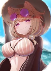Rule 34 | 1girl, animal ear fluff, animal ears, arknights, arm behind head, bare shoulders, beach, bikini, black shirt, blush, breasts, closed mouth, commentary, covered erect nipples, eyewear on head, fang, gician l, grey bikini, hair over shoulder, hat, highres, large breasts, light brown hair, long hair, navel, off shoulder, official alternate costume, open clothes, open shirt, outdoors, parted lips, purple eyes, shirt, skin fang, smile, smug, solo, stomach, straw hat, striped bikini, striped clothes, sunglasses, swimsuit, swimsuit cover-up, tail, upper body, utage (arknights), utage (summer flowers) (arknights)