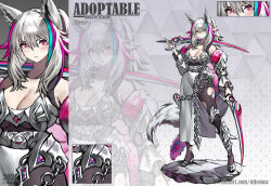 Rule 34 | 1girl, 2020, adoptable, allosauc, animal ears, aqua hair, armor, artist name, asymmetrical skirt, bare shoulders, bikini armor, black bodysuit, bodysuit, breasts, character sheet, cleavage, close-up, closed mouth, collarbone, cowboy shot, deviantart username, dual wielding, english text, full body, fur-trimmed jacket, fur trim, gradient background, grey background, grey footwear, hair between eyes, high heels, holding, holding sword, holding weapon, huge breasts, jacket, light blush, light frown, long hair, long skirt, long sleeves, looking at viewer, multicolored hair, multiple views, open clothes, open jacket, original, over shoulder, pink eyes, pink hair, polka dot, polka dot background, ponytail, projected inset, simple background, skirt, strapless bodysuit, streaked hair, sword, tail, triangle background, weapon, weapon over shoulder, white armor, white hair, white jacket, white skirt, white sleeves, wolf ears, wolf tail