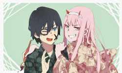 Rule 34 | 10s, 1boy, 1girl, bad id, bad pixiv id, beige kimono, black hair, blue eyes, blush, commentary, couple, darling in the franxx, drawing on another&#039;s face, facepaint, fang, floral background, green eyes, green shirt, hair ornament, hairband, hand up, hands on another&#039;s shoulder, hanetsuki, hawaiian shirt, hetero, hiro (darling in the franxx), holding, holding brush, horns, japanese clothes, kimono, long hair, long sleeves, looking at another, looking at viewer, one eye closed, oni horns, paint splatter, paint splatter on face, pink hair, red horns, shirt, short hair, white hairband, wide sleeves, yukata, zero two (darling in the franxx), zzl