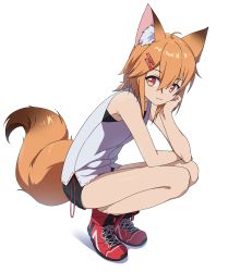 Rule 34 | 1girl, ahoge, animal ear fluff, animal ears, bare arms, bare shoulders, black shorts, brown hair, closed mouth, fox ears, fox girl, fox tail, full body, hair between eyes, hair ornament, hairclip, highres, long hair, looking at viewer, minowa sukyaru, original, red eyes, red footwear, shadow, shirt, shoes, short shorts, shorts, sleeveless, sleeveless shirt, smile, solo, tail, white background, white shirt
