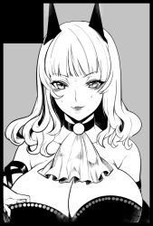 Rule 34 | 1girl, artist request, bad id, bad pixiv id, breasts, carmilla (fate), cleavage, fate/grand order, fate (series), greyscale, large breasts, lips, long hair, monochrome, slit pupils, solo, sweat