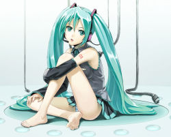 Rule 34 | 1girl, barefoot, blue eyes, blue hair, cable, feet, fukukitaru, hatsune miku, legs, long hair, matching hair/eyes, open mouth, panties, pantyshot, sitting, soles, solo, striped clothes, striped panties, toes, twintails, underwear, very long hair, vocaloid