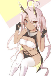 Rule 34 | 1girl, ahoge, azur lane, bandeau, bikini, bikini bottom only, black bikini, black gloves, blue eyes, breasts, cleavage, closed mouth, commentary request, covered mouth, dark-skinned female, dark skin, eyes visible through hair, facepaint, feet out of frame, gloves, hair between eyes, heart, heart ahoge, heterochromia, highres, horns, indianapolis (azur lane), long hair, looking at viewer, mechanical horns, medium breasts, midriff, partially fingerless gloves, pink hair, sixth level (rokukai), solo, swimsuit, thighhighs, turtleneck, twintails, underboob, very long hair, white bandeau, white thighhighs, yellow eyes