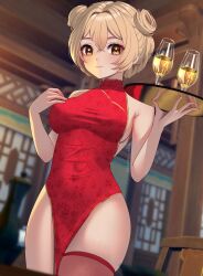 Rule 34 | 1girl, alternate hairstyle, baobei (baobei bu), bare arms, blonde hair, blurry, blurry background, breasts, china dress, chinese clothes, closed mouth, covered navel, cowboy shot, cup, double bun, dress, drinking glass, genshin impact, hair bun, highres, holding, holding tray, looking at viewer, lumine (genshin impact), medium breasts, open mouth, pelvic curtain, red dress, red thighhighs, short hair, single thighhigh, smile, solo, thighhighs, tray, yellow eyes