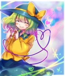 Rule 34 | 1girl, ^ ^, absurdres, black hat, blouse, bow, closed eyes, closed mouth, collared shirt, commentary request, floral print, green hair, green skirt, hat, hat bow, heart, heart hands, heart of string, highres, komeiji koishi, kujoo, long sleeves, one-hour drawing challenge, rose print, shirt, skirt, smile, solo, touhou, yellow bow, yellow shirt