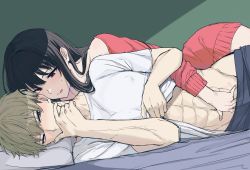 Rule 34 | 1boy, 1girl, :q, abs, absurdres, bed, black hair, blonde hair, blue eyes, blush, clothes lift, hetero, highres, licking lips, lying, nibio, on side, pants, pillow, red eyes, shirt, shirt lift, spy x family, sweat, sweater, t-shirt, tongue, tongue out, twilight (spy x family), yor briar