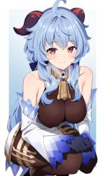 Rule 34 | 1girl, absurdres, ahoge, bare shoulders, bell, blue gloves, blue hair, blush, breasts, brown pantyhose, detached sleeves, ganyu (genshin impact), genshin impact, gloves, gold trim, highres, horns, long hair, looking at viewer, medium breasts, neck bell, pantyhose, purple eyes, rinfamm, sidelocks, smile, solo, squatting, thighlet, thighs, white sleeves