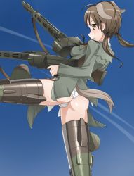 Rule 34 | 00s, 1girl, animal ears, ass, brown hair, drum magazine, dual wielding, female focus, gertrud barkhorn, holding, magazine (weapon), outdoors, panties, short hair, short twintails, sky, solo, strike witches, striker unit, tail, thong, twintails, underwear, uniform, world witches series, yokaze japan