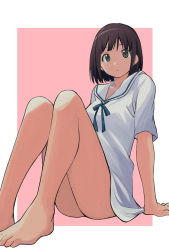 Rule 34 | 1girl, bare legs, barefoot, brown hair, closed mouth, dress, grey eyes, highres, knees up, looking at viewer, matsuse daichi, original, pink background, sailor collar, sailor dress, short hair, short sleeves, sitting, solo, thighs, toes, two-tone background, white background, white dress