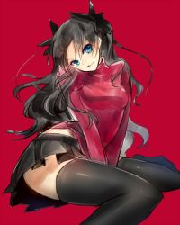 Rule 34 | 1girl, black hair, black thighhighs, blue eyes, breasts, fate/stay night, fate (series), hair ribbon, head tilt, jpeg artifacts, long hair, medium breasts, oro (sumakaita), pleated skirt, red background, ribbon, simple background, sitting, skirt, smile, solo, sweater, thighhighs, tohsaka rin, turtleneck, two side up, v arms, wariza