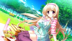 Rule 34 | 1girl, bench, blonde hair, food, game cg, julia lin road, long hair, magical marriage lunatics!!, non-web source, park, picnic, picnic basket, purple eyes, solo, thermos, thighhighs, tree, twintails, yamakaze ran
