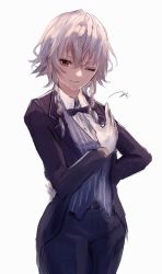 Rule 34 | 1girl, ;), arm behind back, bow, bowtie, braid, butler, cowboy shot, female butler, formal, gloves, hand on own chest, highres, izayoi sakuya, kouzuki kei, one eye closed, pants, simple background, smile, solo, suit, touhou, traditional bowtie, twin braids, vest, white background