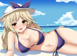 Rule 34 | 1girl, beach, bikini, blonde hair, blue sky, breasts, cleavage, cloud, collarbone, cowboy shot, day, guard vent jun, hat, highres, large breasts, long hair, looking at viewer, lying, navel, on side, open mouth, outdoors, purple bikini, side-tie bikini bottom, sky, smile, solo, sun hat, swimsuit, thigh gap, touhou, watatsuki no toyohime, white hat, yellow eyes